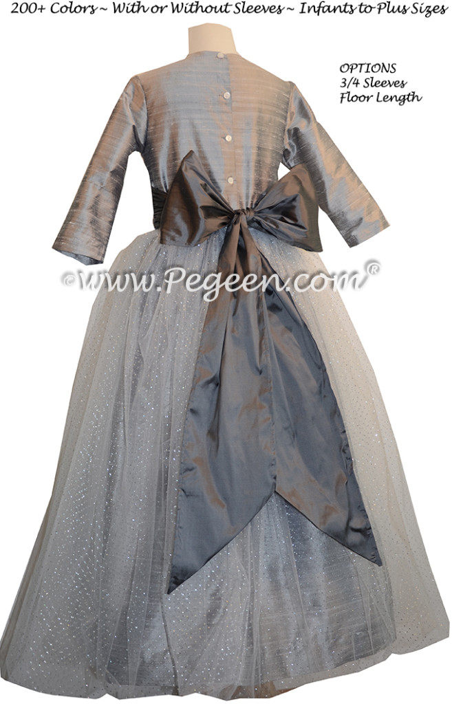 Silver gray and pewter silk flower girl dresses