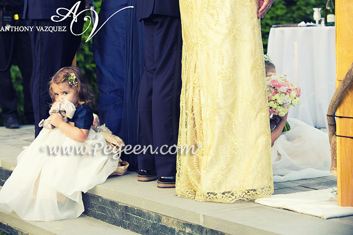 Navy and Pure Gold silk flower girl dresses by Pegeen