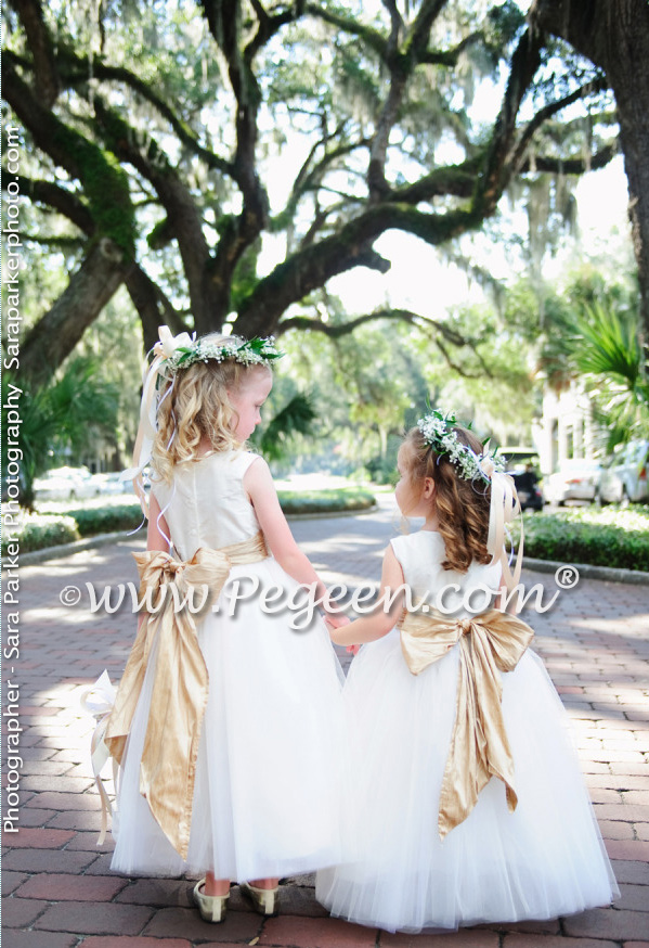 Style 402 Gold and White Tulle and Silk flower girl dresses