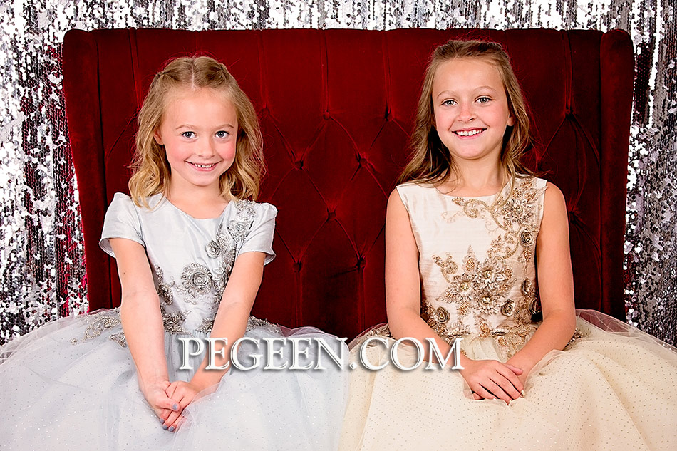 Flower Girl Dresses of the Month for August 2016 in Silver and Gold Silk and Tulle - Pegeen Style 922
