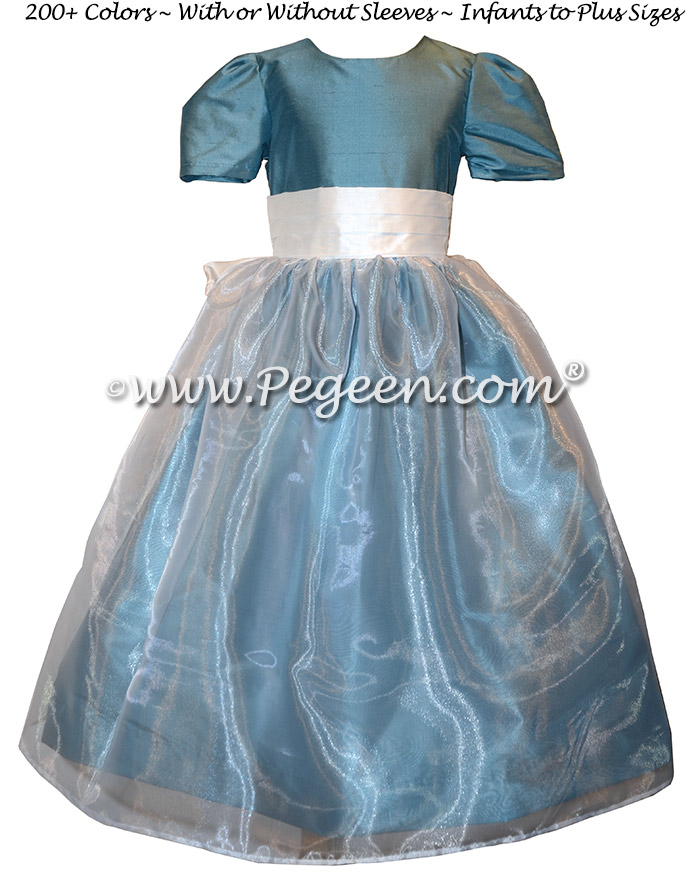 French blue and white silk, retro-style flower girl dresses